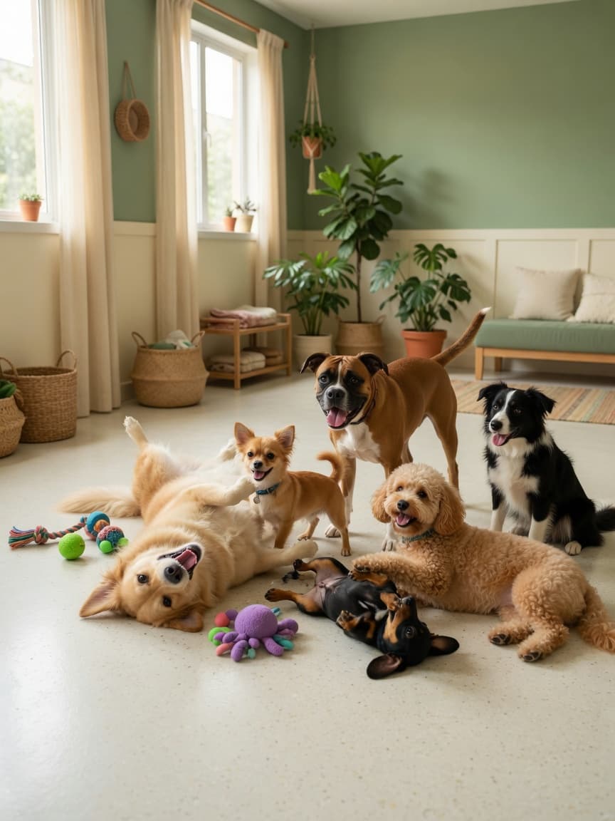 Cães brincando felizes na creche Pet Lar